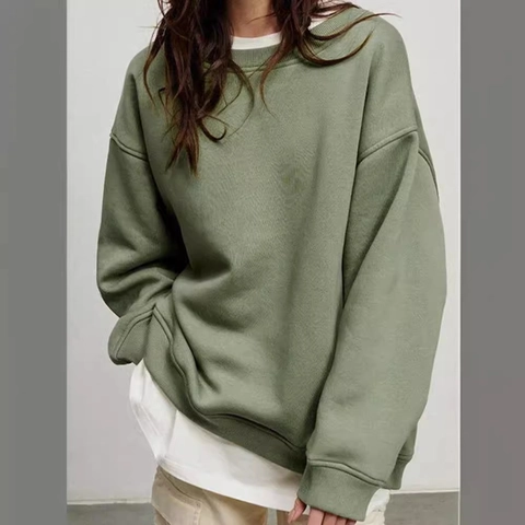 Women Oversized Crewneck Sweatshirt Solid Color Drop Shoulder Fleece Lined Long Sleeve Loose Pullover Casual Winter Top