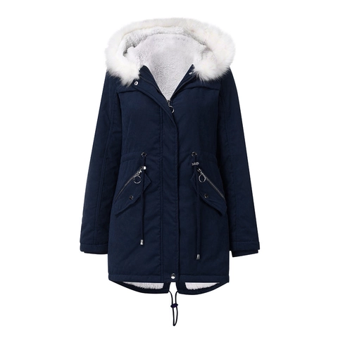 Damen Winter Mittellang Parka Mit Kapuze Kunstpelzkragen Fleecefutter Kordelzug Taille Gesteppt Warm Jacke Outwear