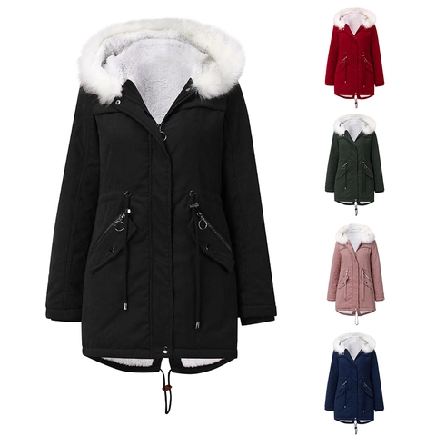 Damen Winter Mittellang Parka Mit Kapuze Kunstpelzkragen Fleecefutter Kordelzug Taille Gesteppt Warm Jacke Outwear