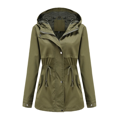 Gabardina Ligera con Capucha para Mujer Cortavientos de Largo Medio Impermeable con Cintura Ajustable con Cordón para Uso Diario