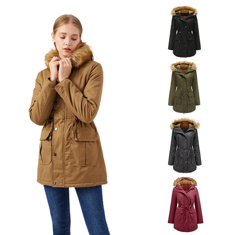 Women Mid-Long Winter Parka Jacket Fleece Lined Warm Padded Coat With Faux Fur Hood Drawstring Waist Casual Outerwear