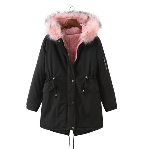 Damen Mittellanger Parka Winterjacke Kunstpelzkragen Kapuze Fleece Gefüttert Warm Dick Winddicht Lässig Mantel Oberbekleidung