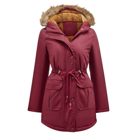 Women Mid-Long Winter Parka Jacket Fleece Lined Warm Padded Coat With Faux Fur Hood Drawstring Waist Casual Outerwear