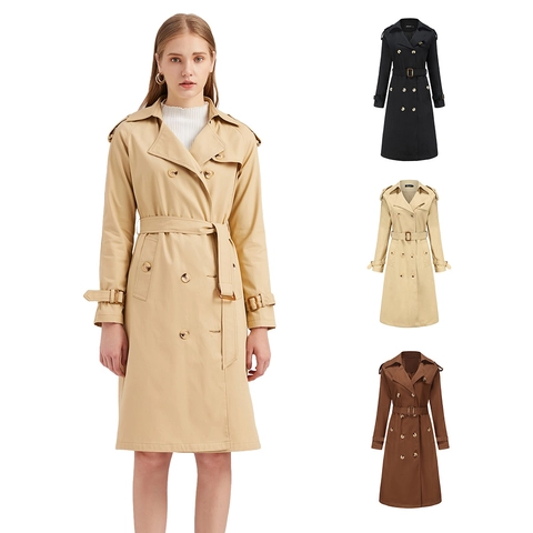 Dames Double-breasted Lange Trenchcoat Slim Fit Katoenmix Met Riem Revers Klassieke Britse Stijl Winddichte Bovenkleding Overjas