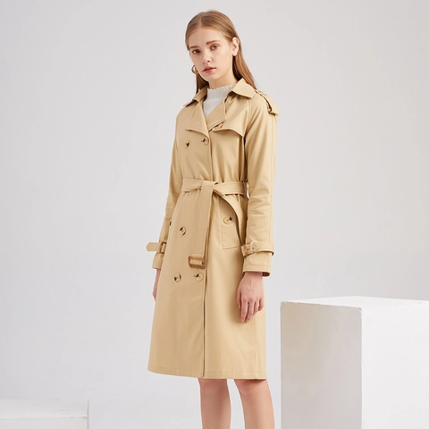 Dames Double-breasted Lange Trenchcoat Slim Fit Katoenmix Met Riem Revers Klassieke Britse Stijl Winddichte Bovenkleding Overjas