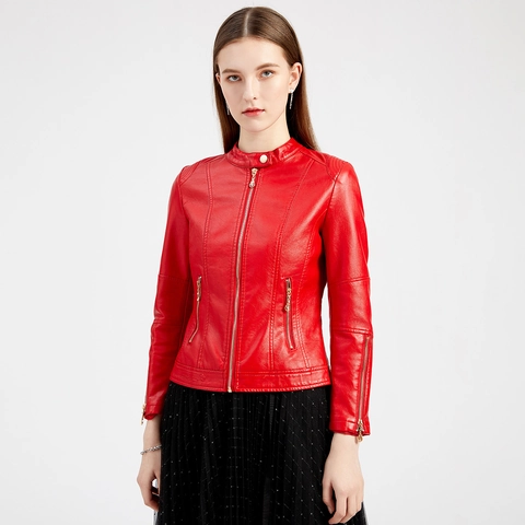 Women Slim Fit PU Leather Jacket Stand Collar Biker Moto Short Coat Solid Color Long Sleeve Zip Up Casual Outerwear