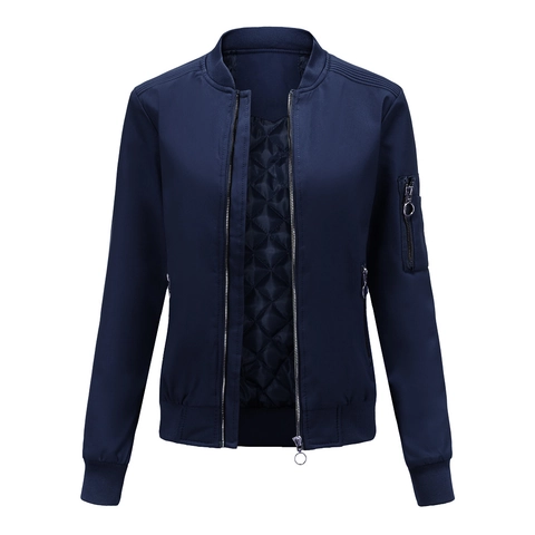 Blouson Bomber Décontracté pour Femmes Mince Couleur Unie Col Baseball Fermeture Éclair Coupe Large Poche Manteau en Poliestere