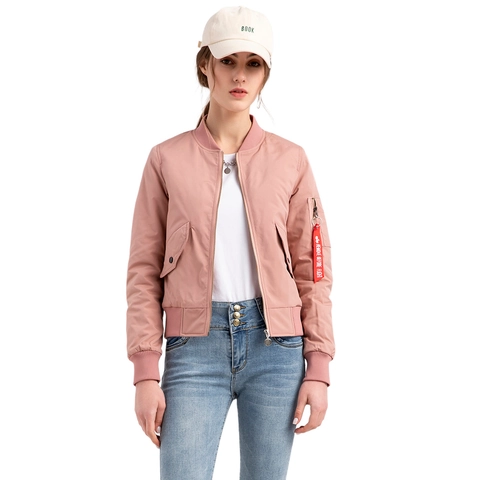Women Casual Solid Color Pilot Bomber Jacket Zipper Pocket Ribbed Trim Quilted Lining Long Sleeve Fashion Outerwear