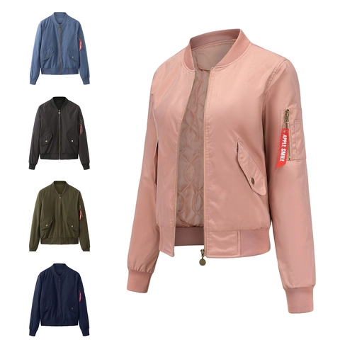 Women Casual Solid Color Pilot Bomber Jacket Zipper Pocket Ribbed Trim Quilted Lining Long Sleeve Fashion Outerwear