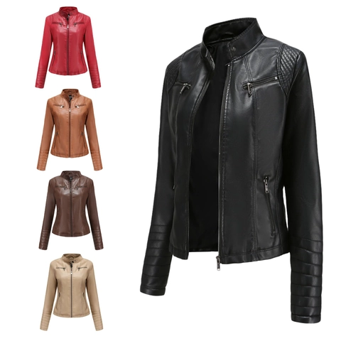 Veste de Motard en Cuir PU pour Femmes Coupe Slim Col Montant Manteau Moto Matelassé avec Fermeture Éclair Vêtement d'Extérieur en Similicuir Couleur Unie