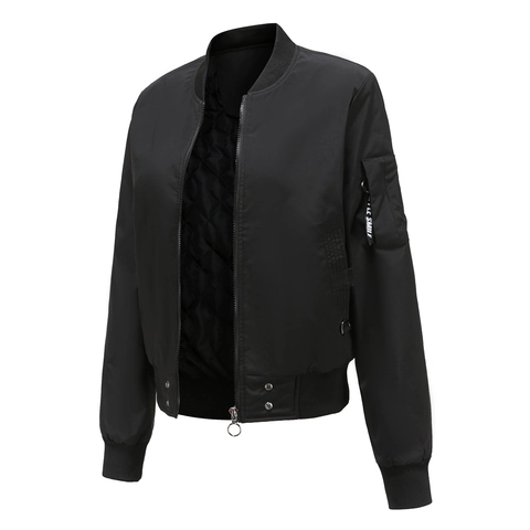 Women Casual Solid Color Bomber Jacket Loose Windproof Outerwear With Quilted Lining And Sleeve Ribbon Pocket Zip Up Jacket
