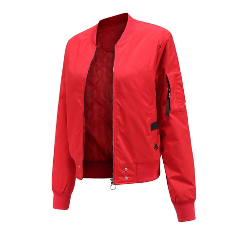 Women Casual Solid Color Bomber Jacket Loose Windproof Outerwear With Quilted Lining And Sleeve Ribbon Pocket Zip Up Jacket