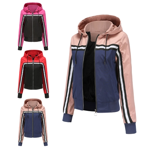 Damen Casual Farbblock Kapuzen Windjacke Wasserdicht Outdoor Sportlich Dünnes Top Mit Reißverschluss Und Rippbündchen