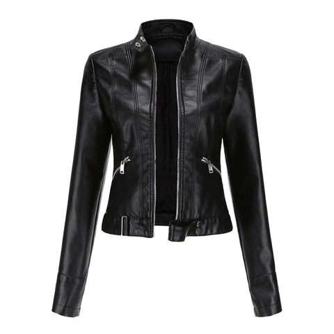 Women PU Leather Biker Jacket Stand Collar Slim Fit Faux Leather Motorcycle Zip Up Short Coat Autumn Casual Outerwear