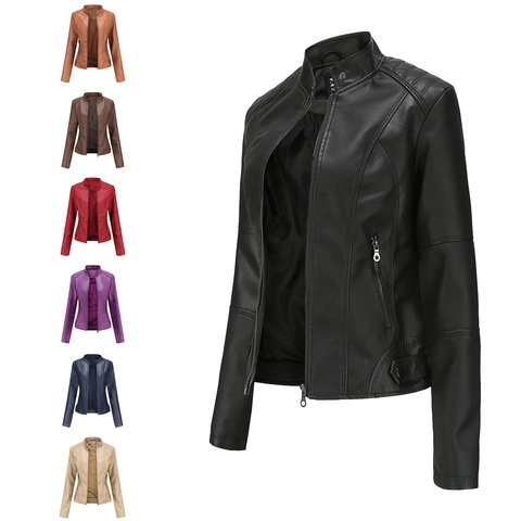 Chaqueta de Moto Ajustada para Mujer Cuero Sintético Cuello Alto Abrigo Biker Corto Antivento Casual Ropa de Moda Talla Grande