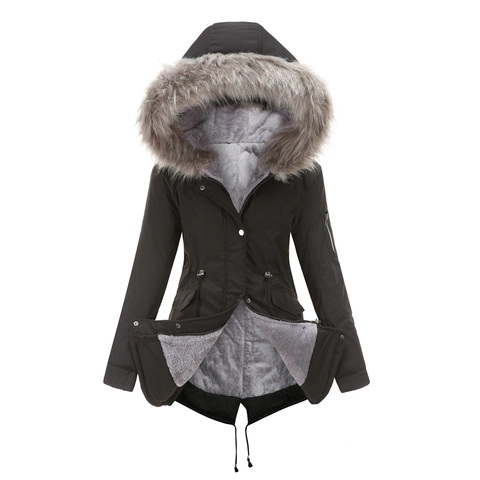 Damen Winter Parka Mantel Mittellang Kapuzenjacke Mit Kunstpelzkragen Vlies Gefüttert Warm Gesteppt Baumwolle Oberbekleidung