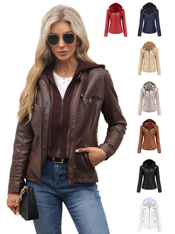 Women's Detachable Hooded Faux Leather Jacket Slim Fit Motorcycle PU Leather Coat Washed Plus Size Outerwear With Quilted Details