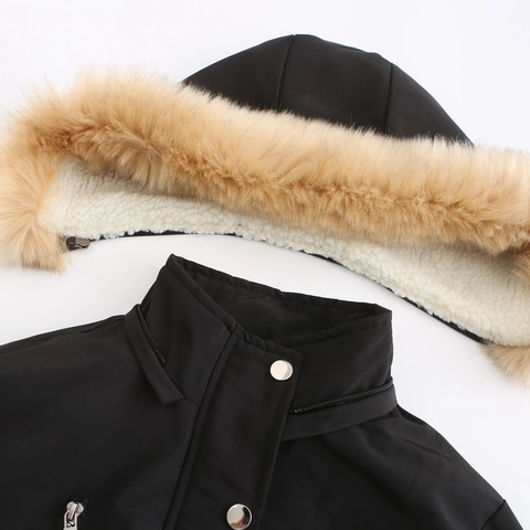 Women Winter Hooded Parka Jacket With Detachable Faux Fur Collar Sherpa Lined Warm Cotton Padded Coat Drawstring Waist