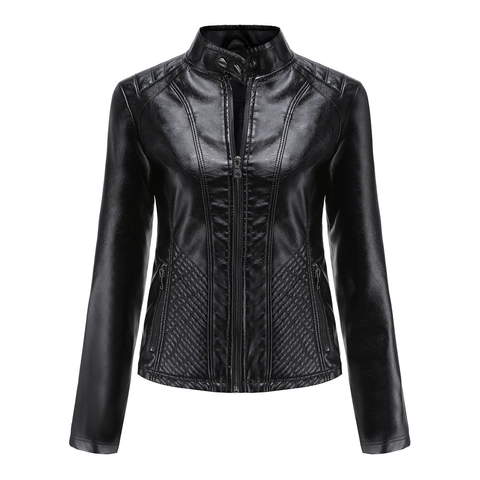 Damen Slim Fit PU-Leder Motorradjacke Mit Stehkragen Und Rautensteppung Reißverschlusstaschen Mode Urbane Oberbekleidung Mantel