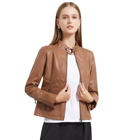 Damen Slim Fit PU-Leder Motorradjacke Mit Stehkragen Und Rautensteppung Reißverschlusstaschen Mode Urbane Oberbekleidung Mantel
