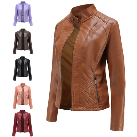 Damen Slim Fit Bikerjacke Kunstleder Stehkragen Rautensteppung PU-Leder Moto Jacke Mantel Mit Reißverschlusstaschen