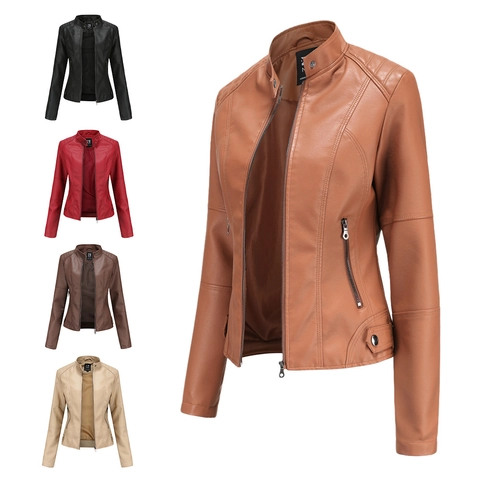 Women's Faux Leather Biker Jacket Slim Fit PU Moto Coat With Stand Collar Casual Solid Color Zip Up Outerwear Plus Size