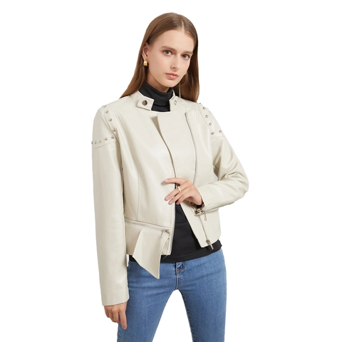 Women's Punk Rivet Faux Leather Jacket Slim Fit Stand Collar Motorcycle PU Biker Coat Long Sleeve Casual Street Outerwear