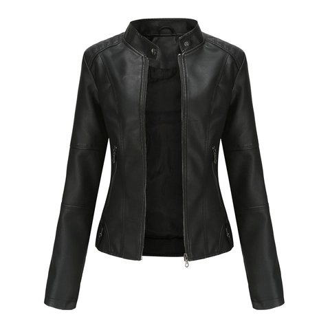 Women's Faux Leather Biker Jacket Slim Fit PU Moto Coat With Stand Collar Casual Solid Color Zip Up Outerwear Plus Size