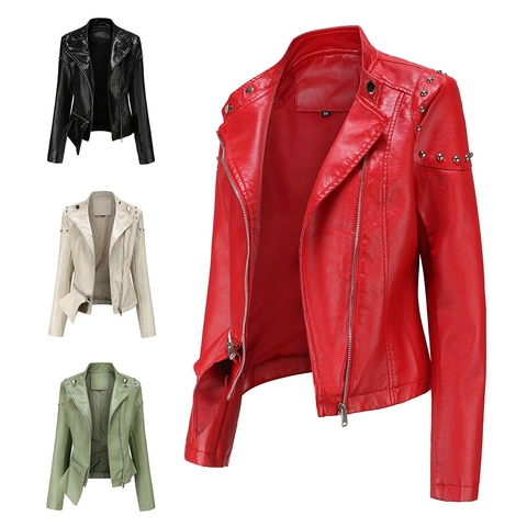 Women's Punk Rivet Faux Leather Jacket Slim Fit Stand Collar Motorcycle PU Biker Coat Long Sleeve Casual Street Outerwear