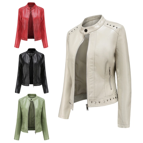 Damen Nieten PU Lederjacke Slim Fit Stehkragen Motorrad Punk Stil Einfarbig Frühling Herbst Reißverschluss Jacke