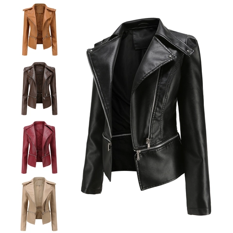 Dames Fashion PU Leren Bikerjas Met Afneembare Zoom Klinknagels Revers Rits Casual Lange Mouw Lente Herfst Mantel