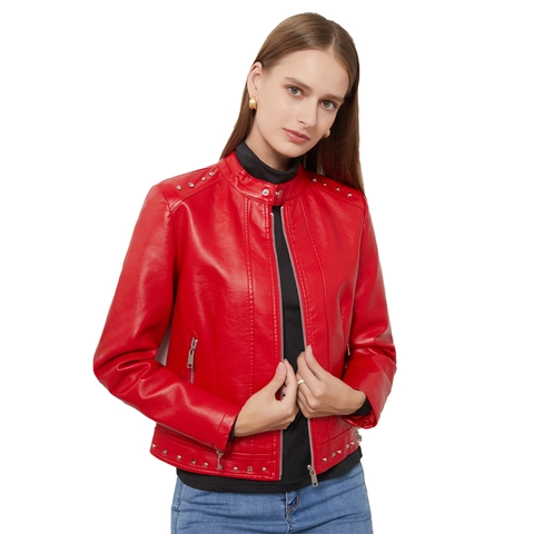 Damen Nieten PU Lederjacke Slim Fit Stehkragen Motorrad Punk Stil Einfarbig Frühling Herbst Reißverschluss Jacke