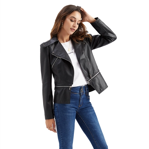 Dames Fashion PU Leren Bikerjas Met Afneembare Zoom Klinknagels Revers Rits Casual Lange Mouw Lente Herfst Mantel