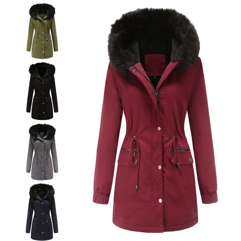 Women's Long Hooded Parka Jacket With Faux Fur Collar Thick Padded Warm Winter Coat Adjustable Drawstring Waist Outerwear