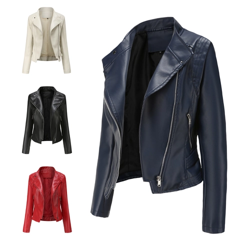 Giacca da Moto in Pelle Sintetica PU Aderente da Donna Manica Lunga Cappotto Corto per Primavera Autunno Casual Streetwear