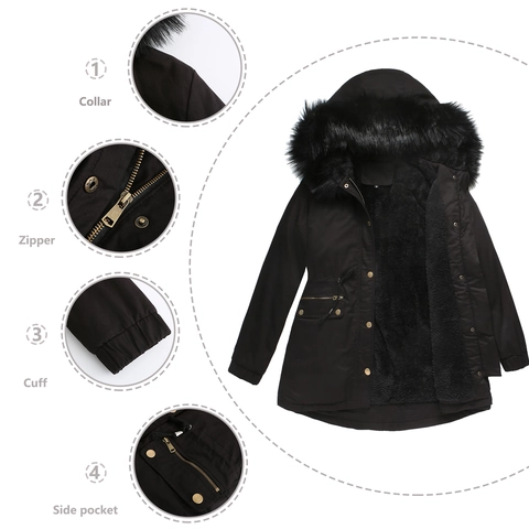 Women's Long Hooded Parka Jacket With Faux Fur Collar Thick Padded Warm Winter Coat Adjustable Drawstring Waist Outerwear