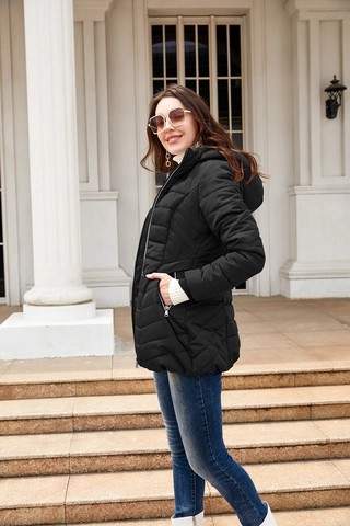 Women Casual Hooded Long Padded Jacket Quilted Warm Polyester Down Cotton Filling Solid Color Zipper Puffer Coat For Women