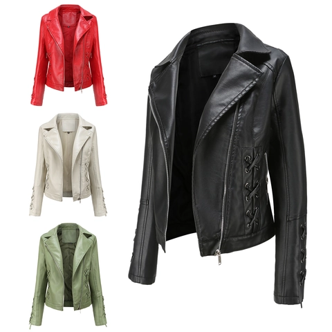 Women Faux Leather Moto Biker Jacket Slim Fit Short Coat With Lace Up Detail Lapel Collar Zipper Outerwear Casual Streetwear
