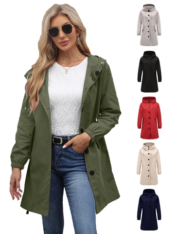 Trench Lungo Da Donna Con Cappuccio Idrorepellente Monopetto Giacca A Vento Larga Impermeabile Outdoor Con Tasche Casual