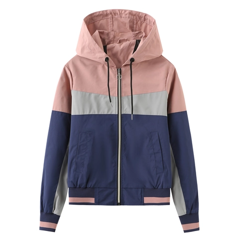 Γυναικείο Casual Color Block Αντιανεμικό Μπουφάν με Κουκούλα Ελαφρύ Patchwork Μακρυμάνικο με Κορδόνι