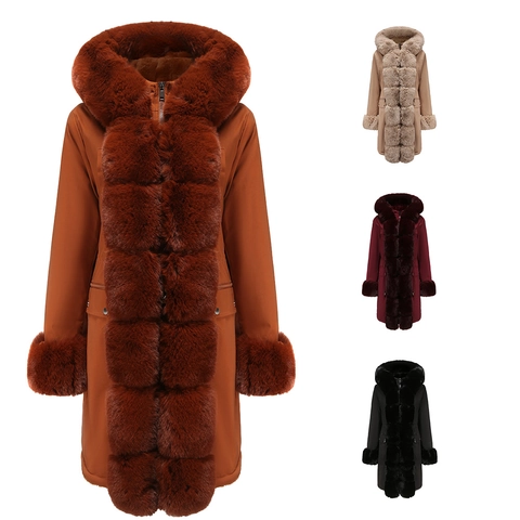 Women Long Winter Hooded Parka Padded Coat With Detachable Faux Fur Collar Drawstring Waist Warm Windproof Puffer Jacket