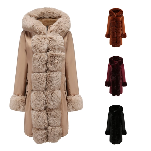 Women Mid-Length Hooded Parka Coat With Detachable Faux Fur Collar Long Sleeve Solid Color Warm Winter Padded Jacket