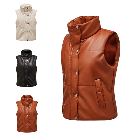 Gilet Matelassé en Cuir PU pour Femme Col Montant Sans Manches Rembourré Puffer Gilet Décontracté Fermeture Éclair Mode Veste d'Extérieur