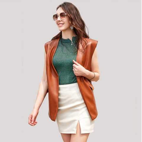 Damen Casual PU-Leder Weste Ärmellos V-Ausschnitt Vorne Offen Mittellang Einfarbig Oberbekleidung Mit Taschen