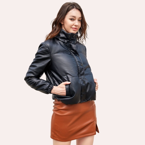 Women PU Leather Quilted Puffer Jacket Stand Collar Warm Short Padded Coat Winter Loose Bread Style Outwear