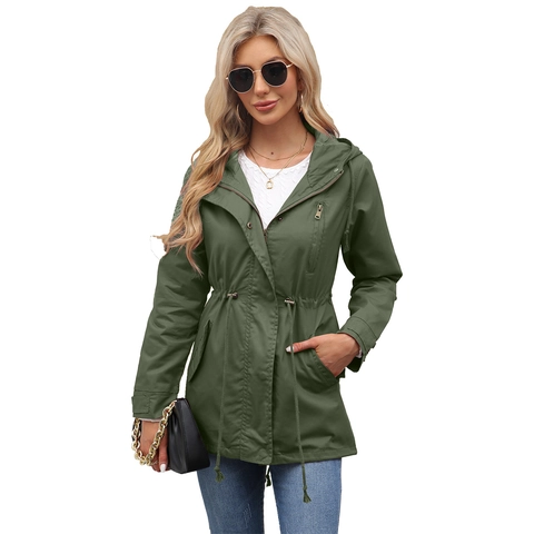 Dames Casual Katoenmix Half Lange Windjack Met Capuchon En Taille Trekkoord Rits Effen Kleur Mantel Parka Outerwear
