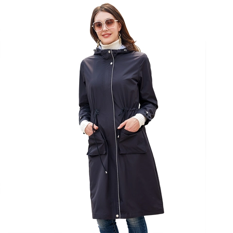 Women's Waterproof Hooded Trench Coat Long Casual Windbreaker With Drawstring Waist And Striped Lining Outdoor Jacket