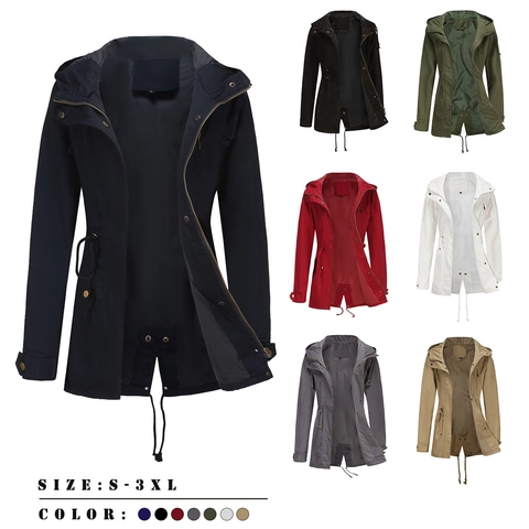 Dames Casual Katoenmix Half Lange Windjack Met Capuchon En Taille Trekkoord Rits Effen Kleur Mantel Parka Outerwear