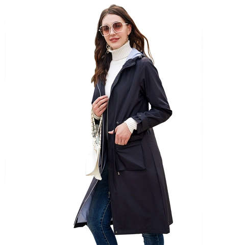 Women's Waterproof Hooded Trench Coat Long Casual Windbreaker With Drawstring Waist And Striped Lining Outdoor Jacket