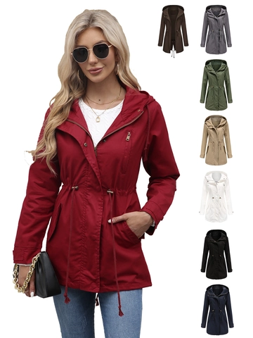 Women Casual Cotton Blend Hooded Windbreaker Parka Jacket With Drawstring Waist Solid Color Outdoor Coat For Daily Wear